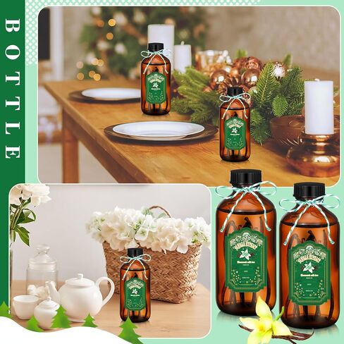 Uiifan 12 Pack Amber Glass Bottles Boston Round Sample Bottles Glass Bottles with Lids Dark Glass Bottles Vanilla Extract Bottles and 12 Pcs Christmas Green Snowflakes Stickers for Gift Beans(8 oz) in Kuwait