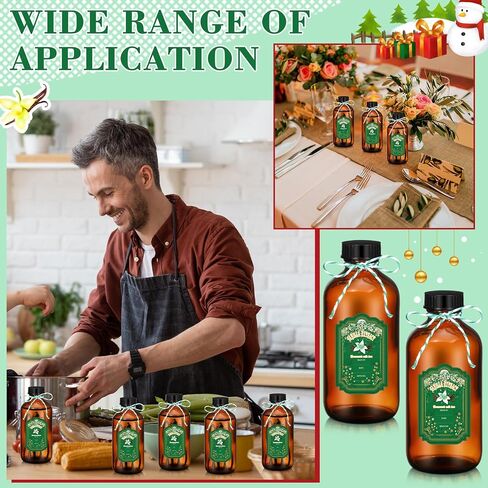 Uiifan 12 Pack Amber Glass Bottles Boston Round Sample Bottles Glass Bottles with Lids Dark Glass Bottles Vanilla Extract Bottles and 12 Pcs Christmas Green Snowflakes Stickers for Gift Beans(8 oz) in Kuwait