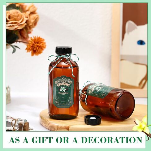 Uiifan 12 Pack Amber Glass Bottles Boston Round Sample Bottles Glass Bottles with Lids Dark Glass Bottles Vanilla Extract Bottles and 12 Pcs Christmas Green Snowflakes Stickers for Gift Beans(8 oz) in Kuwait