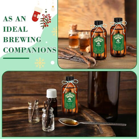 Uiifan 12 Pack Amber Glass Bottles Boston Round Sample Bottles Glass Bottles with Lids Dark Glass Bottles Vanilla Extract Bottles and 12 Pcs Christmas Green Snowflakes Stickers for Gift Beans(8 oz) in Kuwait