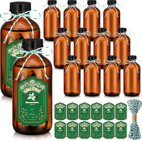 Uiifan 12 Pack Amber Glass Bottles Boston Round Sample Bottles Glass Bottles with Lids Dark Glass Bottles Vanilla Extract Bottles and 12 Pcs Christmas Green Snowflakes Stickers for Gift Beans(8 oz) in Kuwait