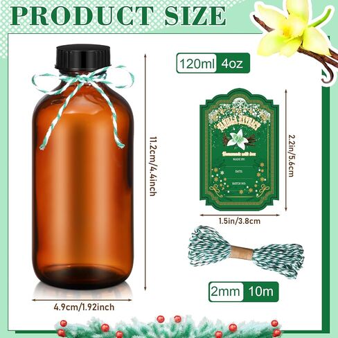 Uiifan 12 Pack Amber Glass Bottles Boston Round Sample Bottles Glass Bottles with Lids Dark Glass Bottles Vanilla Extract Bottles and 12 Pcs Christmas Green Snowflakes Stickers for Gift Beans(8 oz) in Kuwait