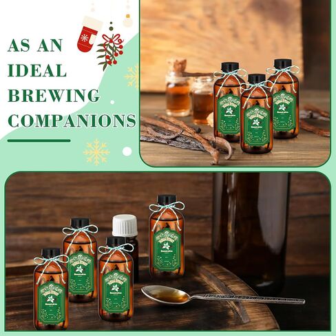 Uiifan 12 Pack Amber Glass Bottles Boston Round Sample Bottles Glass Bottles with Lids Dark Glass Bottles Vanilla Extract Bottles and 12 Pcs Christmas Green Snowflakes Stickers for Gift Beans(8 oz) in Kuwait