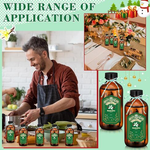 Uiifan 12 Pack Amber Glass Bottles Boston Round Sample Bottles Glass Bottles with Lids Dark Glass Bottles Vanilla Extract Bottles and 12 Pcs Christmas Green Snowflakes Stickers for Gift Beans(8 oz) in Kuwait