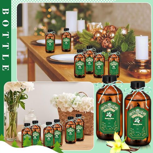Uiifan 12 Pack Amber Glass Bottles Boston Round Sample Bottles Glass Bottles with Lids Dark Glass Bottles Vanilla Extract Bottles and 12 Pcs Christmas Green Snowflakes Stickers for Gift Beans(8 oz) in Kuwait