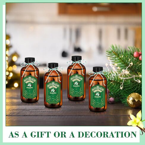 Uiifan 12 Pack Amber Glass Bottles Boston Round Sample Bottles Glass Bottles with Lids Dark Glass Bottles Vanilla Extract Bottles and 12 Pcs Christmas Green Snowflakes Stickers for Gift Beans(8 oz) in Kuwait