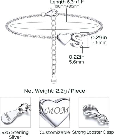 ChicSilver Sterling Silver Initial Bracelet Letters Personalized Heart Bracelet Hypoallergenic Dainty Bracelets for Women in Saudi Arabia