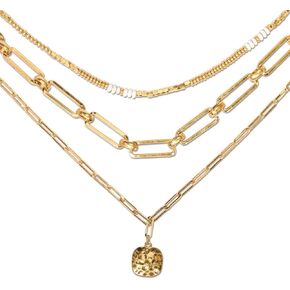 Gold Layered Choker Necklace for Women Trendy, 14K Gold Dainty Chuncky Paperclip Chain White Turquoise Bead Necklace Multi Strand Hammered Metal Pendant Necklace for Women Grils