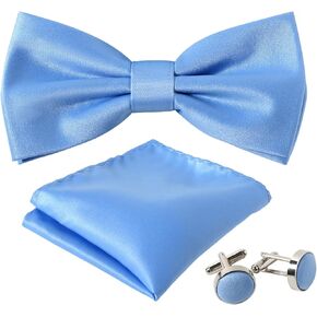 Men's Bow Tie Set Solid Color Pre-tied Bow Tie and Pocket Square Cufflink Set with Gift Box
