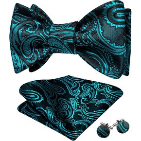 Barry.Wang Mens Bow Ties Paisley Solid Color Self Tie Flower Bowtie Set Handkerchief Cufflinks Silk Wedding Party Classic