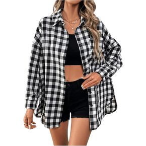 OYOANGLE Women's Plaid Button Down Long Sleeve Shirts Collared Blouse Tops Lightweight Shackets