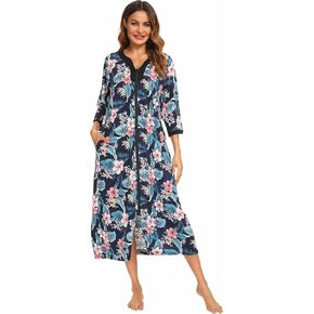 Bloggerlove House Dresses for Womens Zip Up Robe Cotton Nightgown Long House Coat Half Sleeve Night Gowns Comfy Sleepwear
