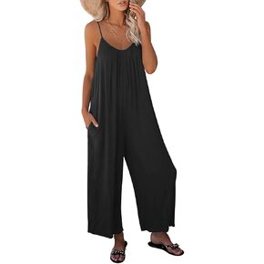 KMAZN Womens Casual Loose Sleeveless Bohemian Beach Jumpsuits Spaghetti Strap Wide Leg Rompers with Pockets LTK