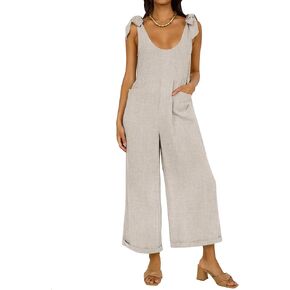 ZESICA Women's Summer Loose Sleeveless Jumpsuits Linen Adjustable Straps Oversized Wide Leg Long Overall Rompers with Pockets