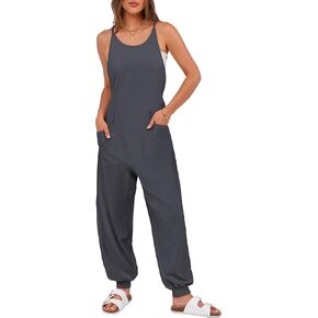 ANRABESS Women's Causal Sleeveless Jumpsuits Summer Scoop Neck Harem Overalls Stretchy Adjustable Strap Romper with Pocket