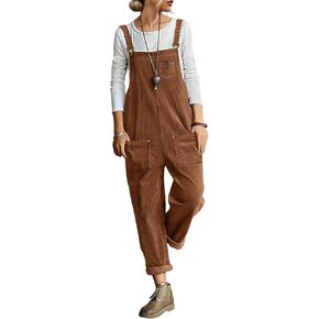 YESNO Women's Corduroy Casual Bib Overalls Loose Tapered Jumpsuits Adjustable Straps Rompers Fall Outfit with Pockets PC9 in Kuwait
