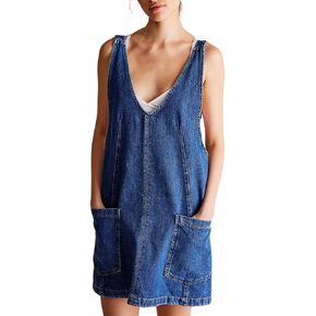 yoeasy Women's V Neck Sleeveless Denim Overall Dress Adjustable Strap Summer Mini Pinafore Jean Dress with Pockets