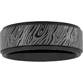 Tantalum Carbide 8mm Black Damascus Pattern Center and Step Edge Men’s Wedding Band Ring