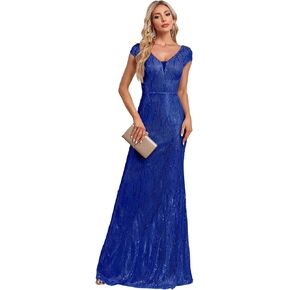 Womens Sequined Short Sleeves Long Formal Dress with V-Neck for Evening Event Nightout Club Gown Silver Paillette