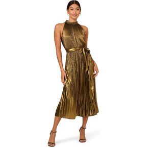 Adrianna Papell Women's Halter Pleated Metallic Dress