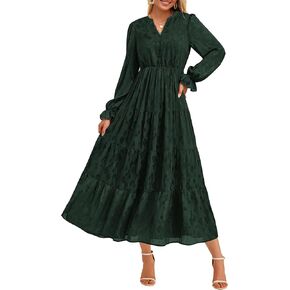 KIRUNDO Womens Fall Long Sleeve Maxi Dress Floral Elegant V Neck A Line Tiered Flowy Wedding Guest Cocktail Party Dress