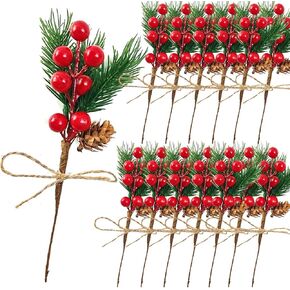 TIHOOD 20PCS 8inch Pine Cone Red Berry Picks Stems Crafts Branch Christmas Wreath, Holly Artificial Evergreen Branches Tiny Pine Cones Picks Décor Floral Picks for Christmas Flower Wreaths DIY