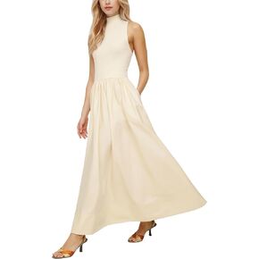 Lauweion Women's Sleeveless Turtleneck Maxi Dress Patchwork Casual Solid Flowy Mock Neck Long Dress with Pockets