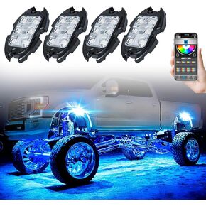 LED RGB Rock Lights for Trucks 4 Pods (Graphene Material) Bluetooth APP Control Voice Mode, Music Mode, Multi-Color Dimmable Freely, Rock Lights for UTV ATV Car SUV Off-Road Auto Motorcycle