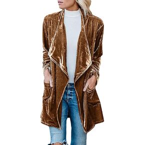 futurino Women's Solid Long Sleeve Velvet Jacket Open Front Cardigan Coat with Pockets Outerwear