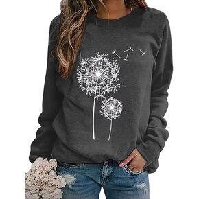 BANGELY المرأة الهندباء البلوز عارضة Crewneck فضفاض البلوز قمم كم طويل جرافيك تي شيرت الأزرق
