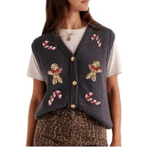 Women's Sequin Holiday Sweater Vest Vintage Embroidered Beaded Button Front Crochet Tank Y2K Novelty Knit Vest Tops