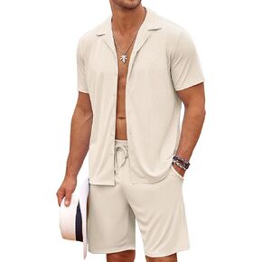 COOFANDY Men's 2 Piece Outfit Shirt Sets Short Sleeve Casual Button Down Vacation Summer Beach Outfits