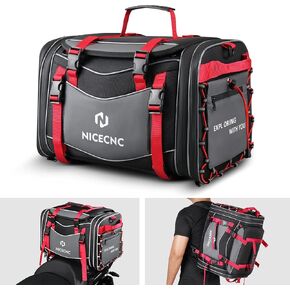 NICECNC Motorcycle Luggage Rack Bags 53L Expandable Motorcycle Rear Seat Bag, Universal Motorcycle Tail Bag Motorcycle Helmet Travel Storage bag with Separate Shoe Compartment, 6 straps, Red