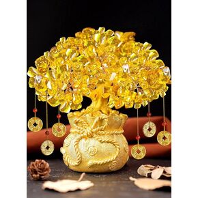 Feng Shui Crystal Money Tree with Dragon Pot Citrine Tree Hangs Lucky Cold Coins Bonsai Style Decoration for Tabletop Decoration Home Office Store (Gold)