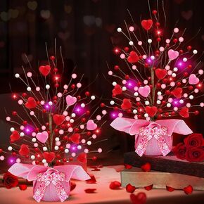 Valentines Day Decorations, 2 Pack 18" Lighted Artificial Valentines Tree with Red Pink Lights Timer, 3D Hearts&128 Berries Ornaments Battery Operated Valentines Day Decor for Home Table Party Wedding