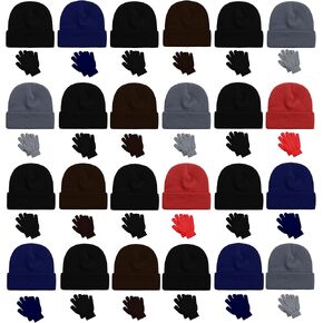 Winterlace 48 Pack Kids Beanies & Gloves, Boys Girls Unisex Thermal Stretchy Children Toboggan Knit Cap