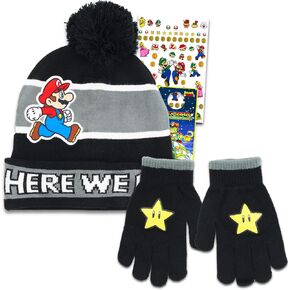 Super Mario Winter Hat and Mittens Set - Bundle with Mario Knit Beanie, Gloves, Stickers for Toddlers | Super Mario Bros Gifts for Kids, Boys, Girls
