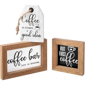 3 Pieces Coffee Bar Decor Sign Mini Coffee Bar Sign Farmhouse Coffee Accessories But First Coffee Wood Sign Rustic Wood Coffee Table Sign Vintage Kitchen Wood Plaque for Tier Tray Decor(Coffee)