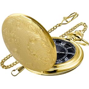 Both Sides Gold Carved Flower Quartz Pocket Watch Quartz Movement, Quartz Pocket Watches with Chain Clip for Men-Gold