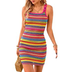 PRETTYGARDEN Women's Summer Casual Tank Dresses Sleeveless Square Neck Striped Sundress Bodycon Mini Beach Boho Dress 2025