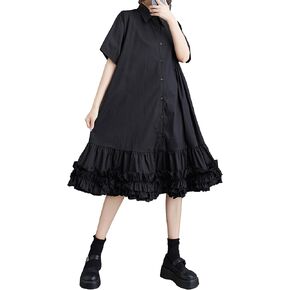 ellazhu Women's Short Sleeves Solid Color Tutu Dress Button Down Casual Shirt Dress GZ183 A