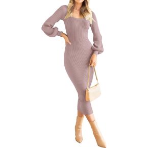 ZESICA Women's 2025 Square Neck Ribbed Knit Dress Puff Long Sleeve Slim Fit Bodycon Fall Winter Pullover Sweater Dress