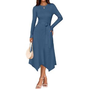ZESICA Women's Fall Long Sleeve Crewneck Ribbed Knit High Waist Midi Sweater Dresses with Belt in Kuwait