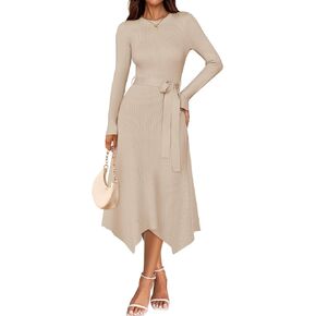 ZESICA Women's Fall Long Sleeve Crewneck Ribbed Knit High Waist Midi Sweater Dresses with Belt