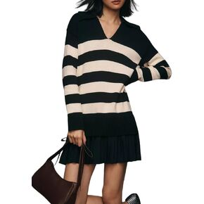 Women's Casual Striped Sweater Dresses Long Sleeve Polo V Neck Pleated Mini Dress