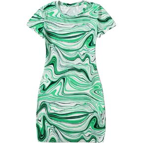 WDIRARA Women's Marble Print Round Neck Short Sleeve Bodycon Pencil Mini Dress Partywear