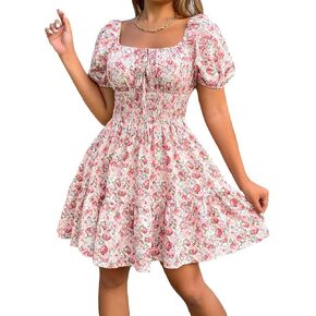 WDIRARA Women's Floral Print Square Neck Puff Sleeve Tie Front A Line Dress