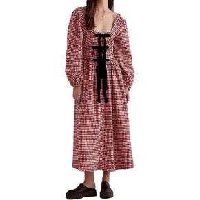 Women Plaid Maxi Dress Long Puff Sleeve Square Neck Flowy Boho Dress Bow Tie Smocked Fall Dresses