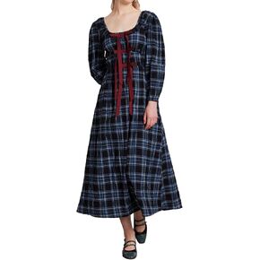 Women Plaid Maxi Dress Long Puff Sleeve Square Neck Flowy Boho Dress Bow Tie Smocked Fall Dresses in Kuwait