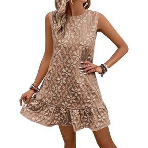 SOLY HUX Women's Ruffle Hem Sleeveless Tank Dress Round Neck Casual Jacquard Hem Smock Summer Mini Dresses